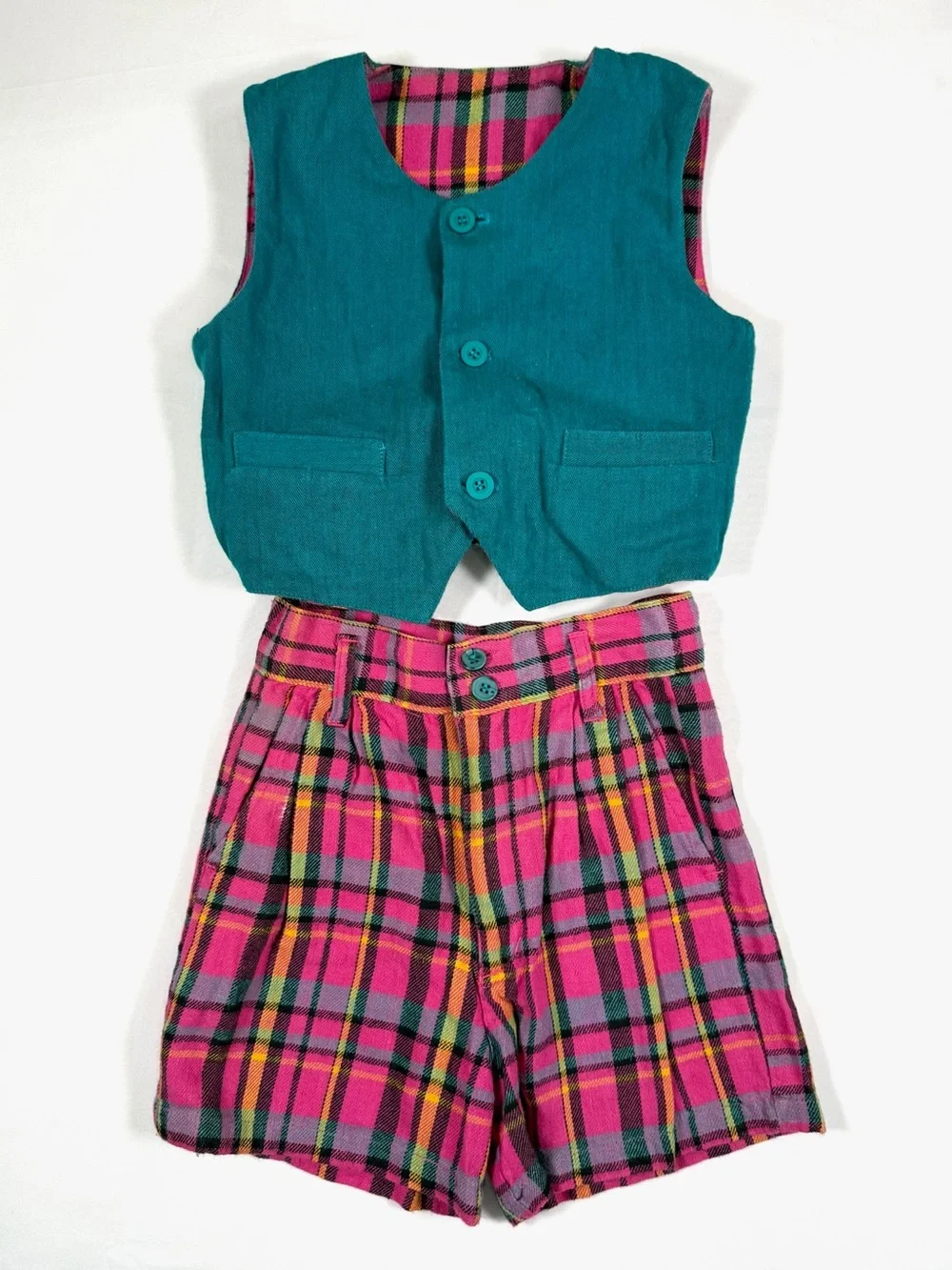 VINTAGE YAKKITY YAK 1990s Reversible Plaid Vest & Shorts Set Size 5 Cotton Rayon